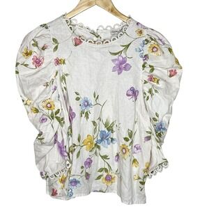 Laura Ashley Floral Print Linen Top Womens M Cottagecore Lace Trim Puff Sleeve
